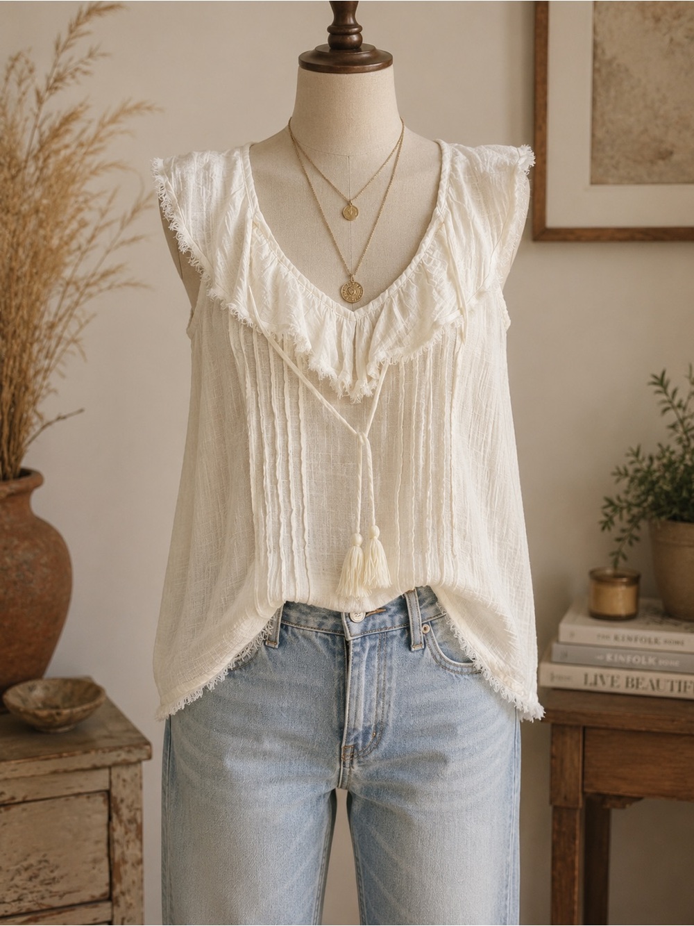Sundance Cream Fringe V-Neck Tassel Camisole